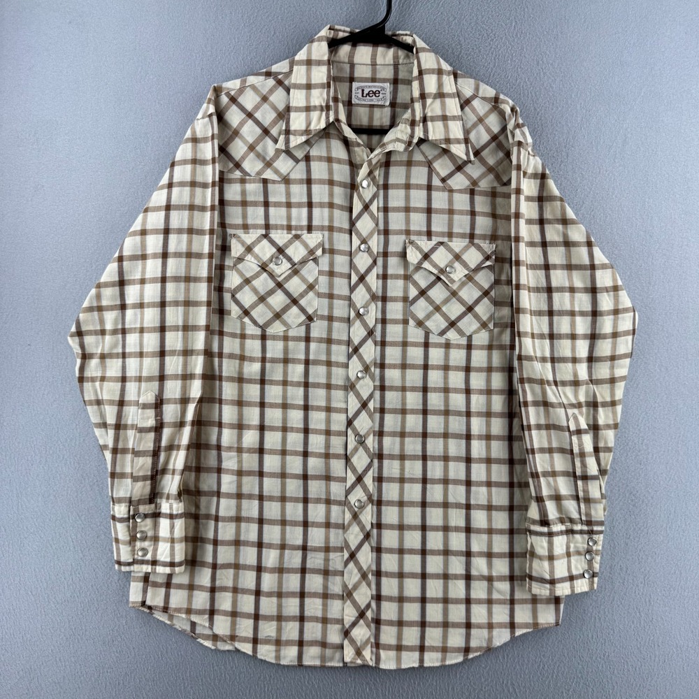 Vintage Lee Shirt Mens Large Beige Plaid Lightweight Pearlsnap Western 70s 80s